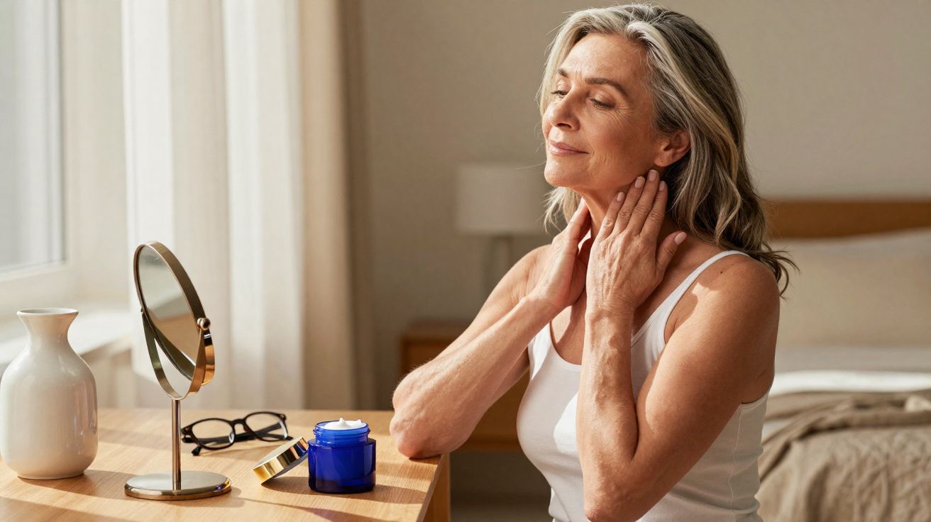 Mulher madura aplicando creme no pescoço em quarto iluminado, com espelho e vaso na mesa.