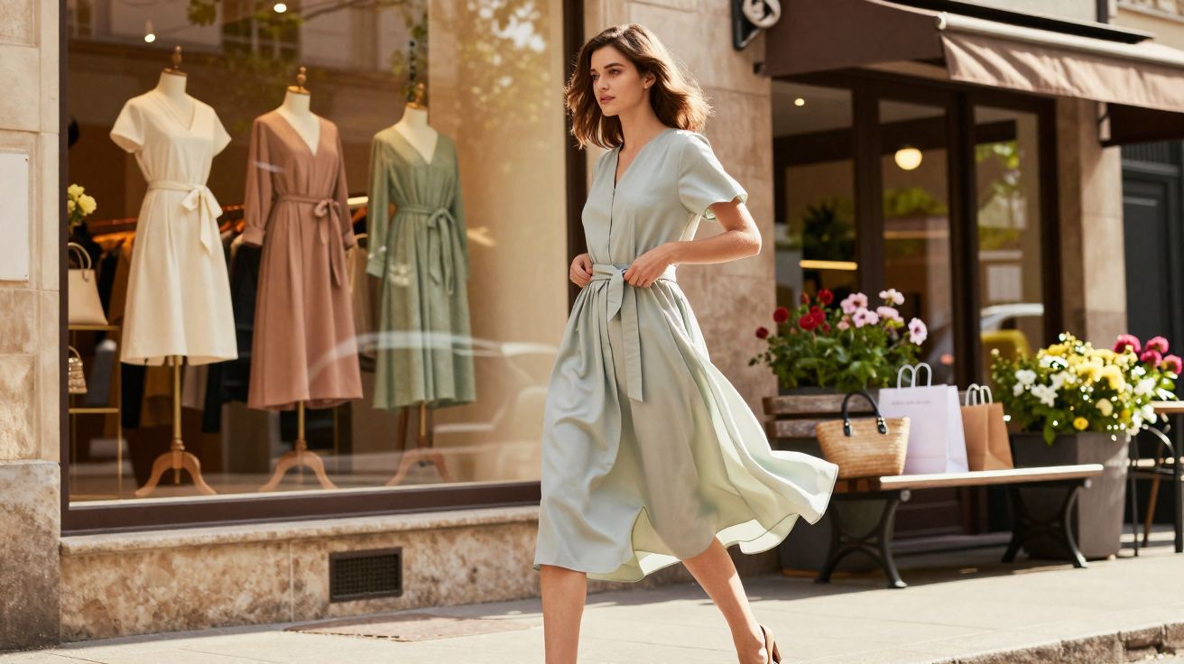 Mulher caminhando na calçada com vestido leve e vestidos expostos em loja ao fundo.
