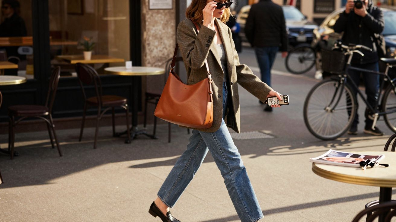 Mulher caminhando na calçada com blazer, jeans, bolsa marrom e óculos escuros em dia ensolarado.