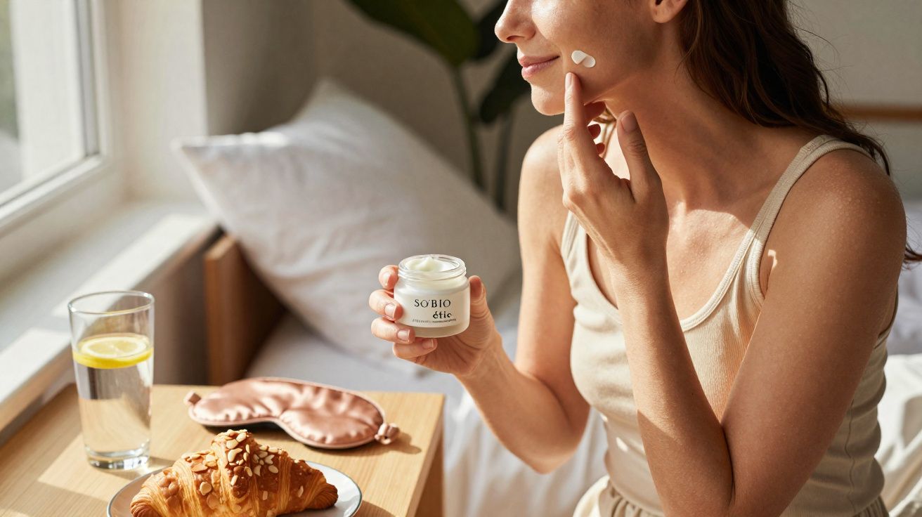 Mulher aplica creme facial sentada na cama ao lado de croissant, copo d'água e máscara de dormir rosa.