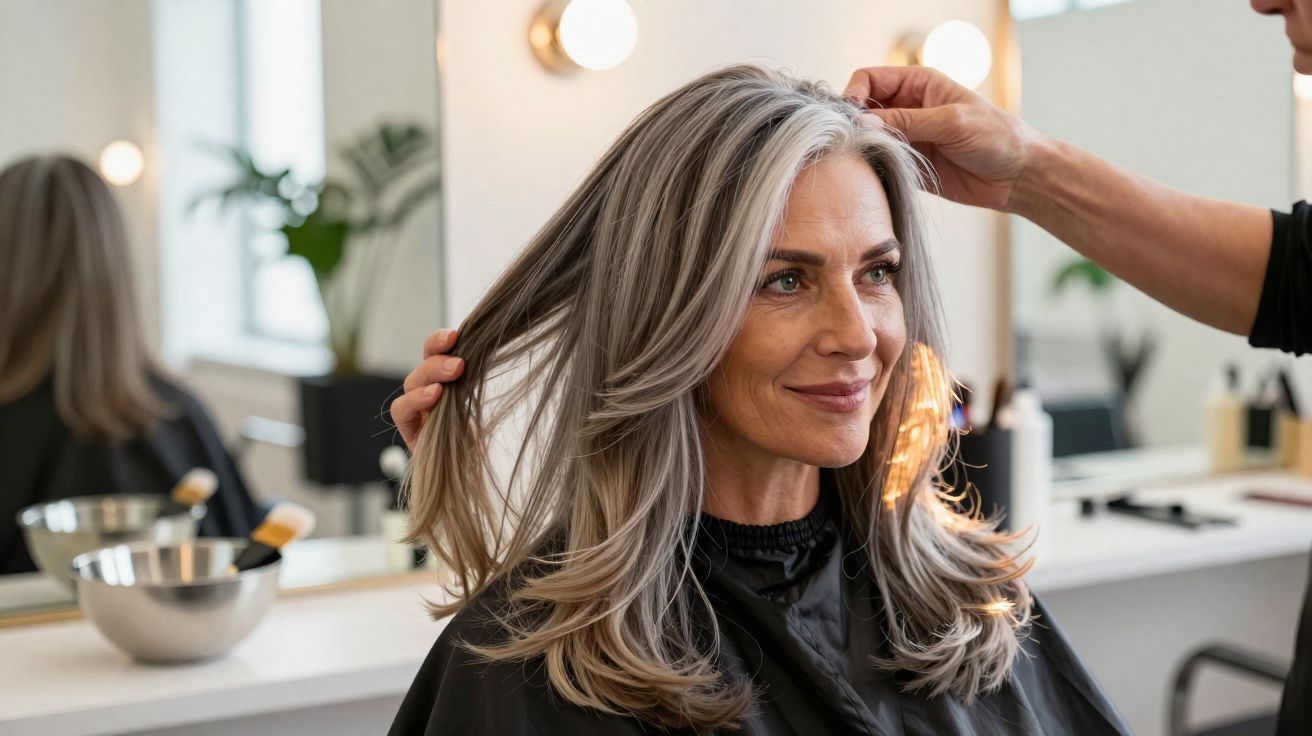 Mulher sorrindo com cabelo grisalho sendo penteada em salão de beleza, refletida em espelho.