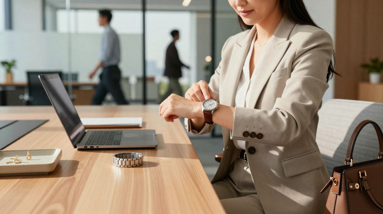 Mulher em traje formal conferindo relógio de pulso sentada à mesa com laptop e bolsa ao lado.