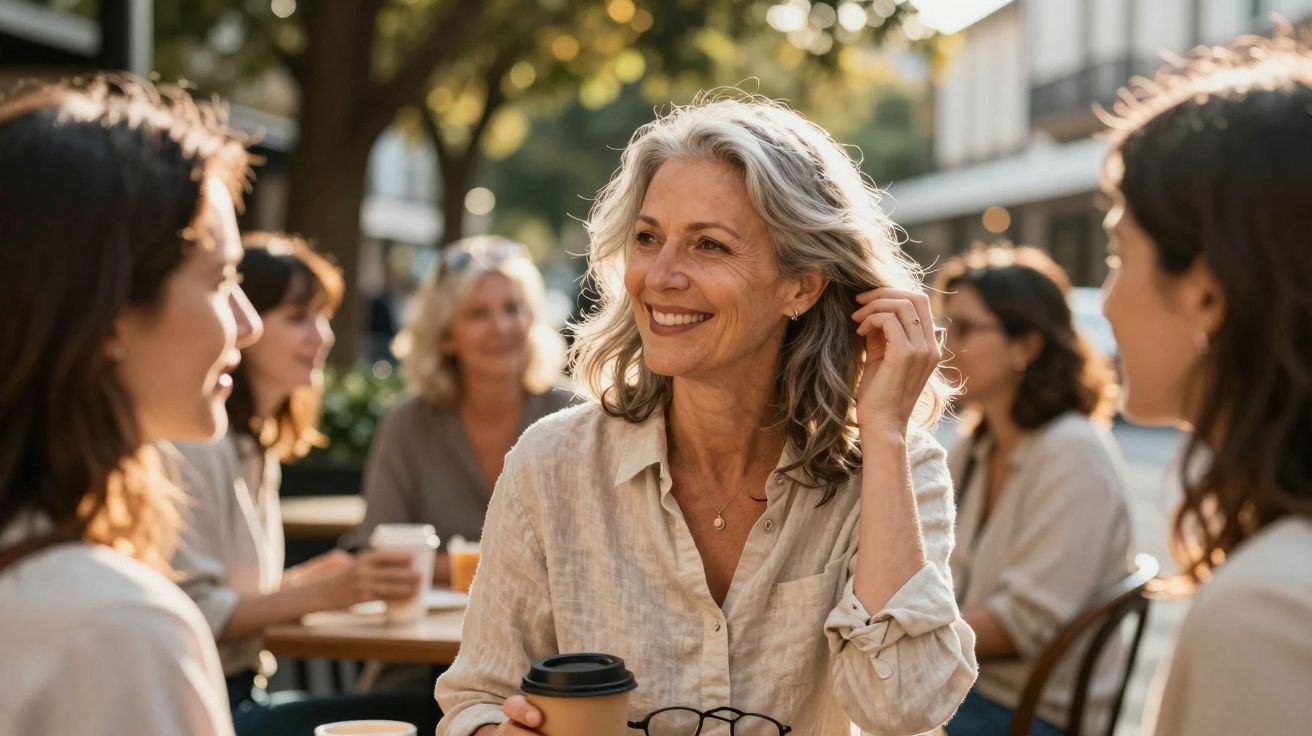Grupo de mulheres sorridentes conversando e tomando café em uma cafeteria ao ar livre.