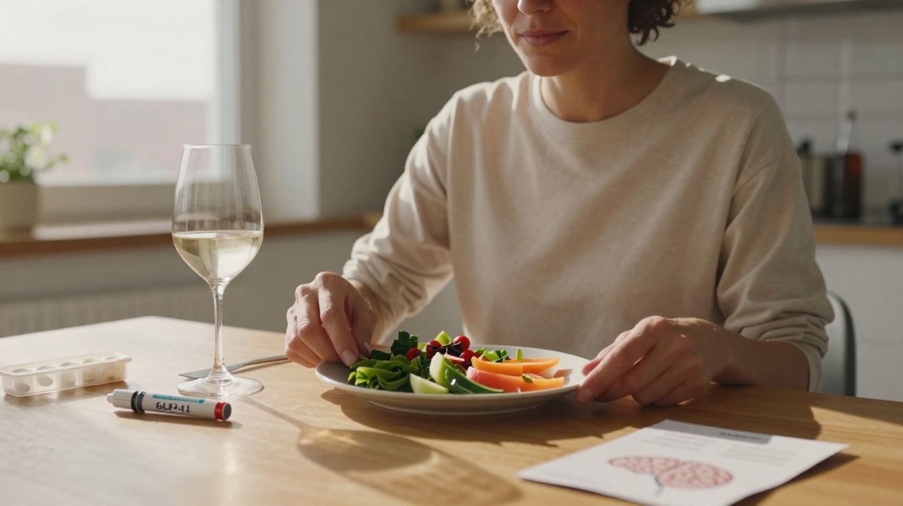 Mulher sentada à mesa com prato de salada, taça de vinho, medicamento e folheto sobre cérebro.