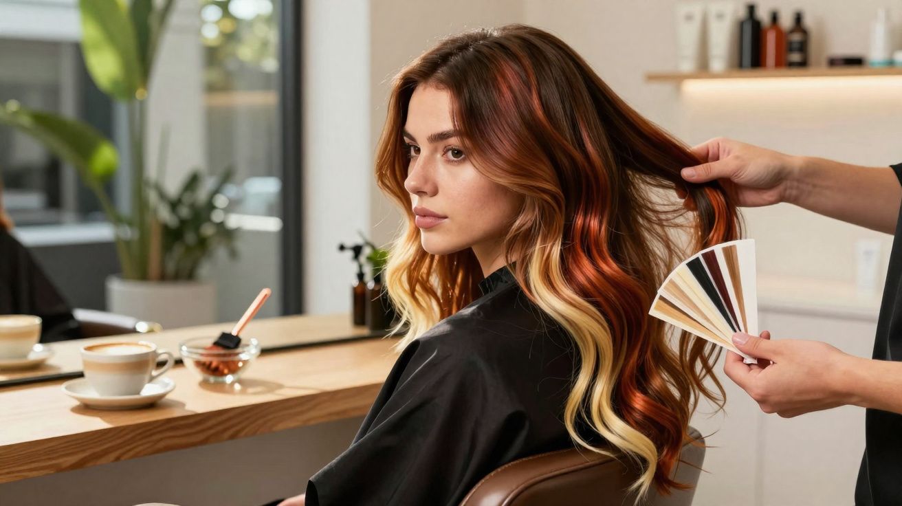 Mulher sentada em salão de beleza, cabelo longo com mechas ruivas e loiras, estilista segurando amostras de tons.