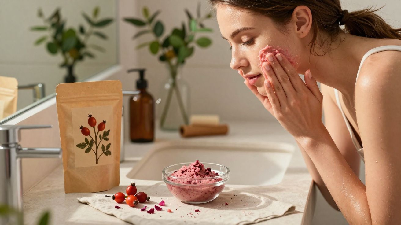 Mulher aplicando esfoliante facial rosa em frente à pia com ingredientes naturais ao lado.