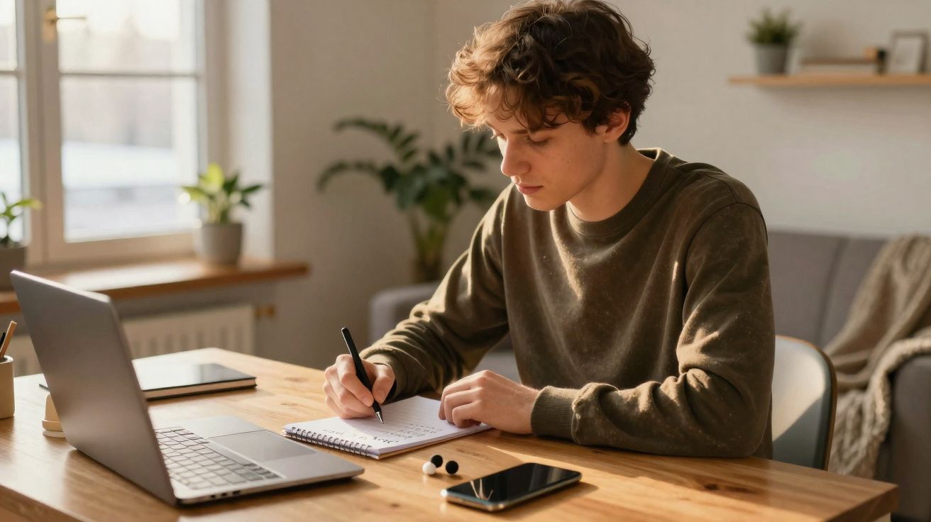 Jovem concentrado escrevendo em caderno sentado à mesa com laptop, celular e fones de ouvido.