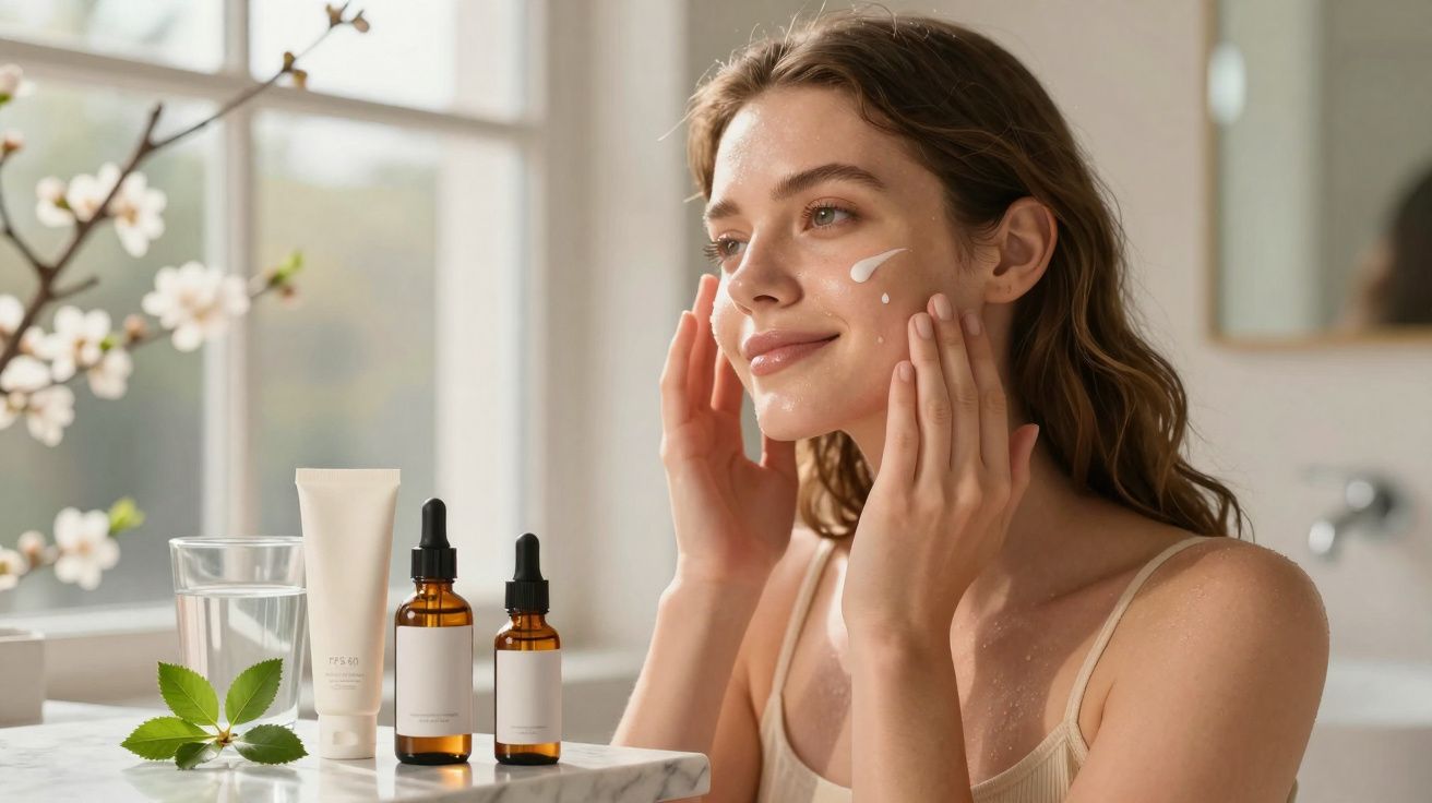 Mulher aplica creme facial em ambiente iluminado com frascos de cosméticos sobre bancada.