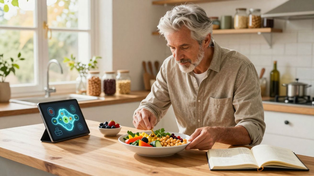 Homem maduro preparando salada saudável na cozinha com tablet e livro aberto sobre a mesa.