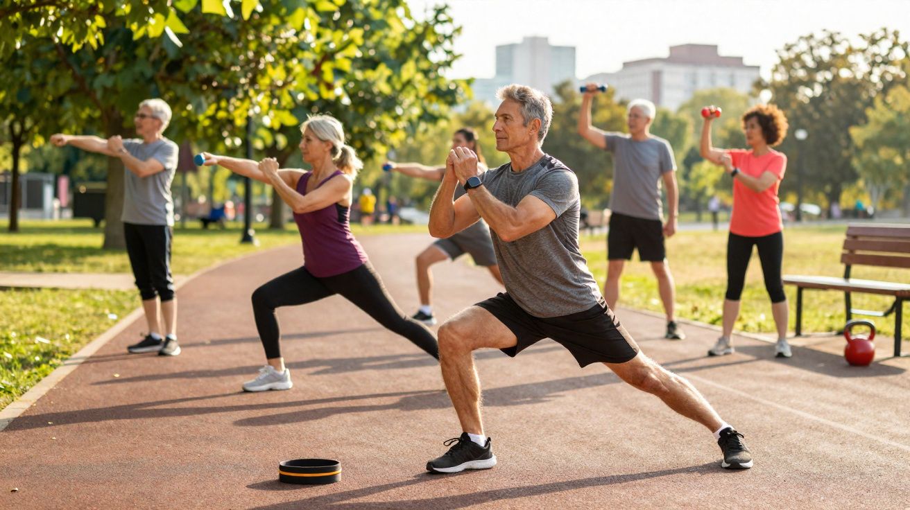 Grupo de pessoas maduras praticando exercícios ao ar livre em parque, usando pesos e alongamento.