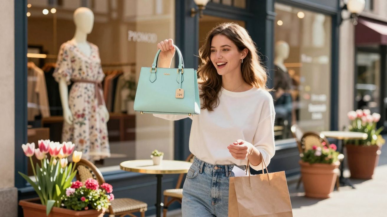 Mulher sorridente segurando bolsa azul clara e sacola de papel em rua com loja e flores.