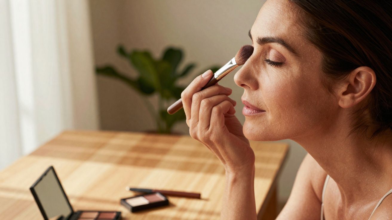 Mulher aplicando sombra nos olhos com pincel enquanto se olha em espelho sobre mesa de madeira.