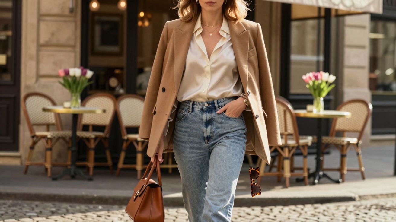 Mulher caminhando na rua com blazer bege, camisa branca, jeans, bolsa marrom e óculos de sol na mão.