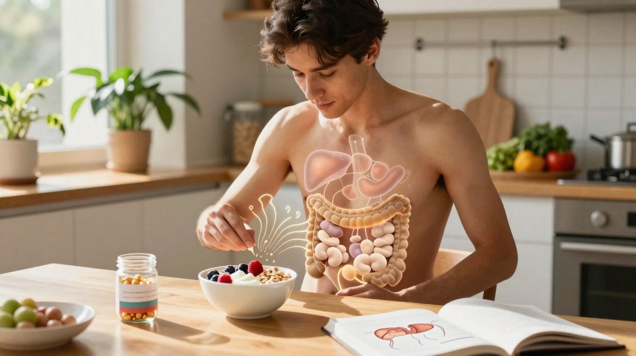 Jovem come cereal com frutas em cozinha, com ilustração digital do sistema digestivo projetada no corpo.
