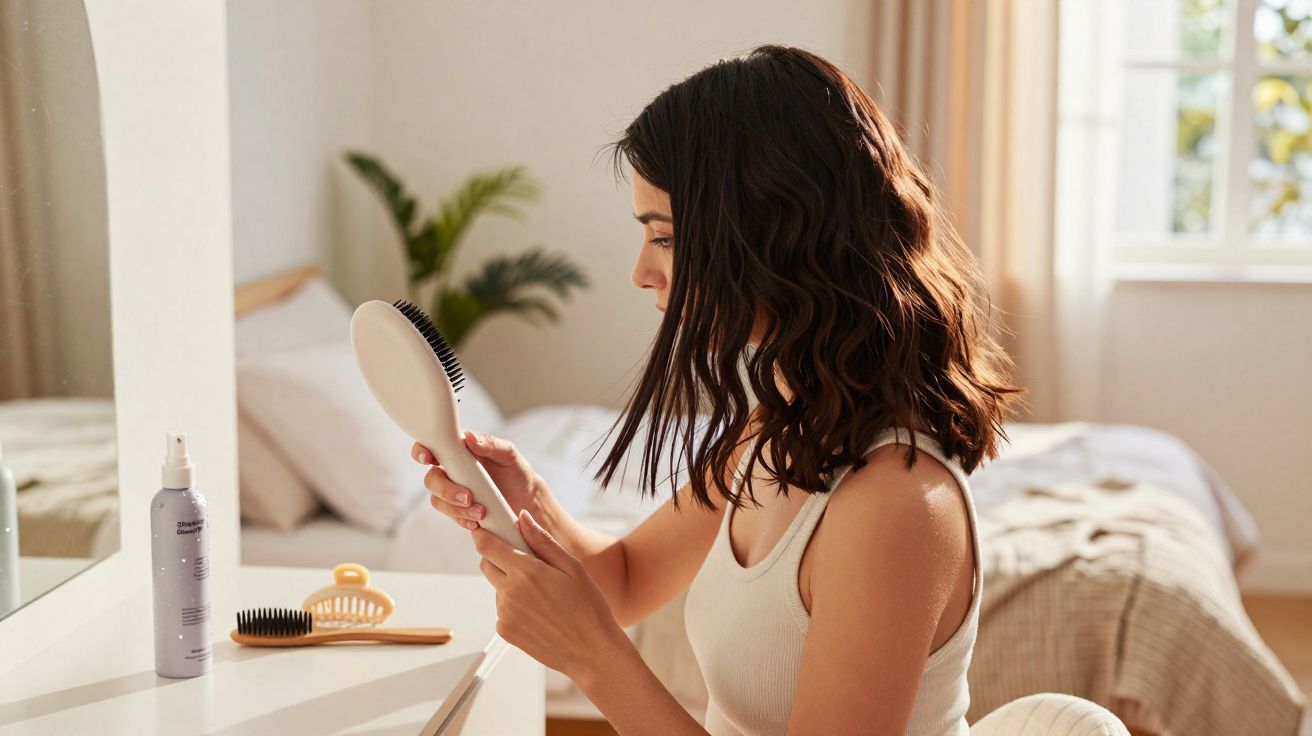 Mulher sentada em quarto iluminado, olhando para escova de cabelo branca na mão.