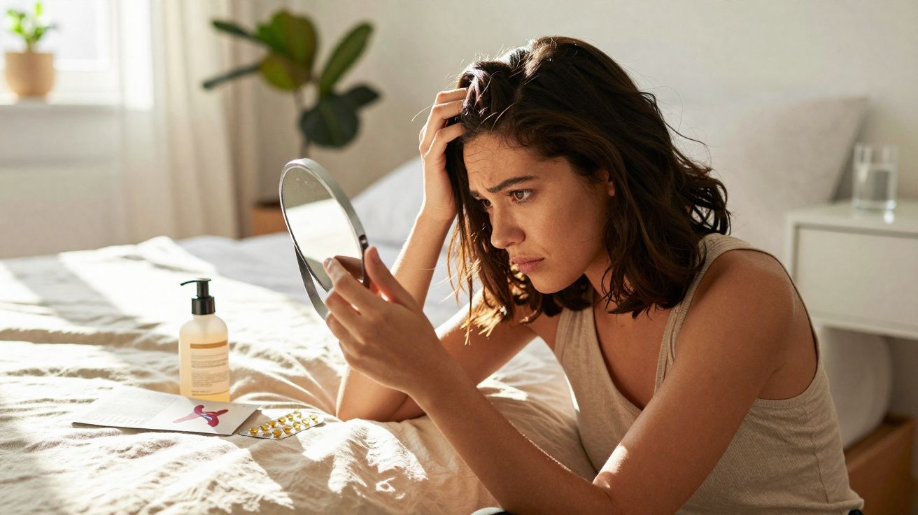 Mulher preocupada olhando para o espelho de mão, sentada na cama em um quarto iluminado.