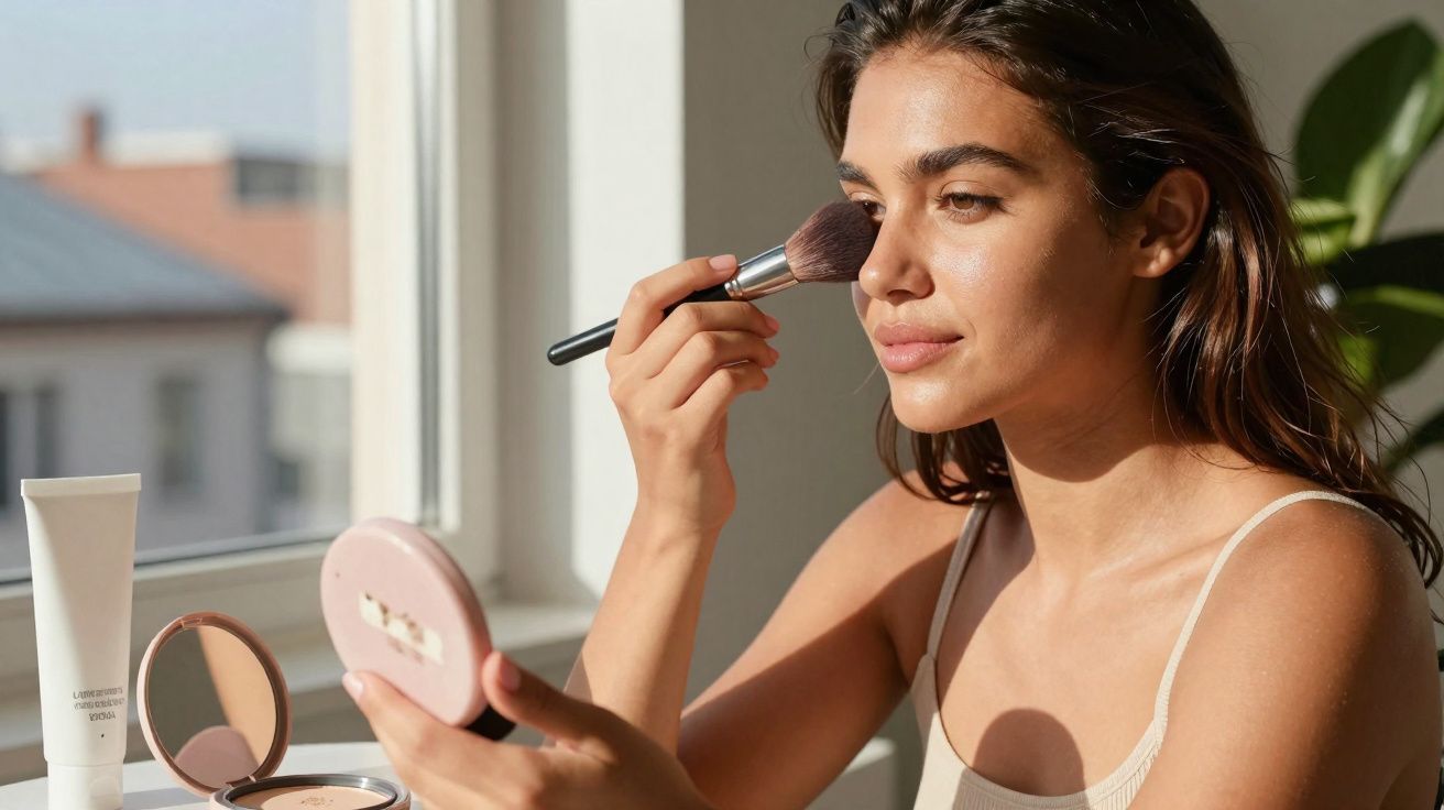 Mulher aplicando maquiagem com pincel, olhando para espelho de mão próximo a janela ensolarada.
