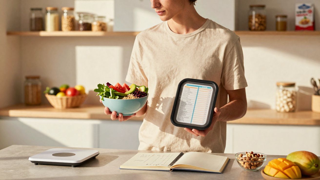 Pessoa segurando tigela com salada e embalagem com tabela nutricional em cozinha clara.
