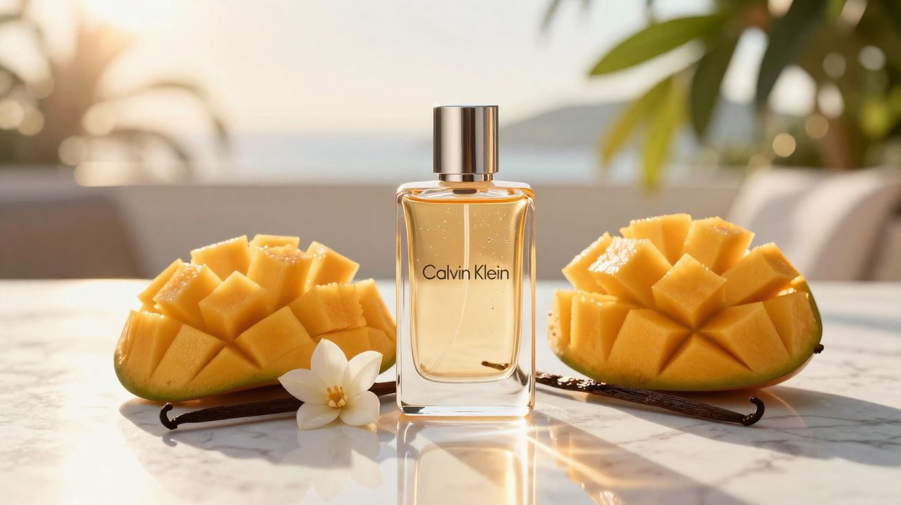 Perfume Calvin Klein com manga fatiada, flor branca e vagens de baunilha sobre superfície refletora.