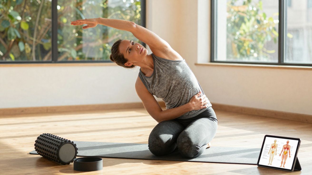 Mulher fazendo alongamento lateral sentada em tapete de yoga com tablet exibindo imagens anatômicas ao lado.