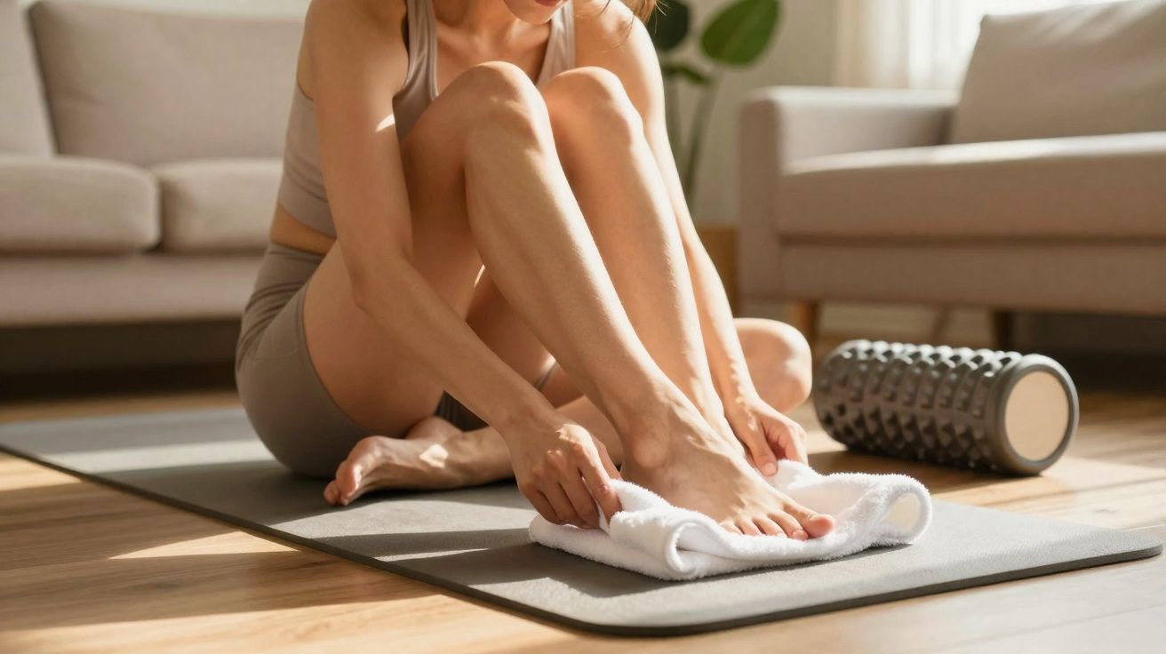 Mulher em roupa de ginástica fazendo alongamento dos pés com toalha sobre tapete em sala iluminada.