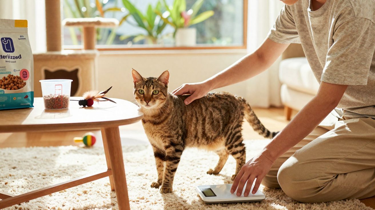 Pessoa pesando gato marrom listrado em ambiente iluminado, ao lado de mesa com brinquedos e ração.