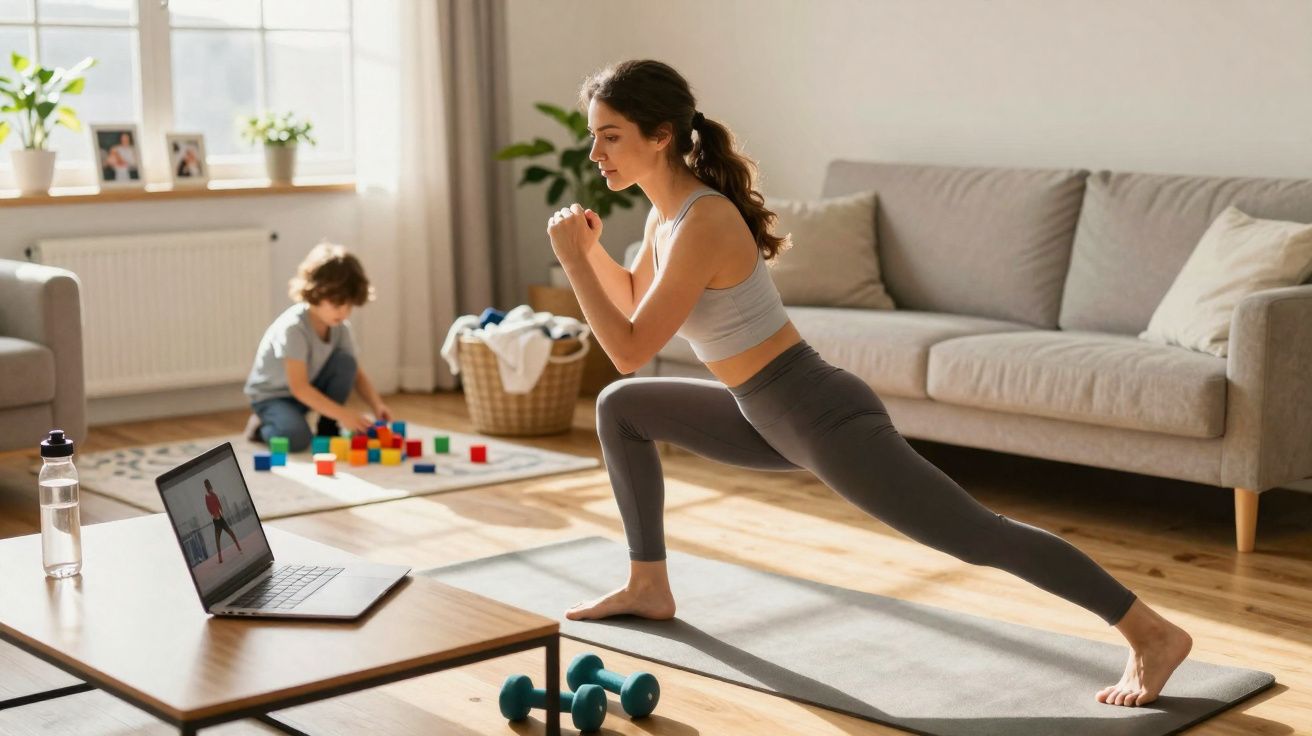 Mulher fazendo alongamento em tapete de yoga enquanto criança brinca com blocos coloridos no chão.