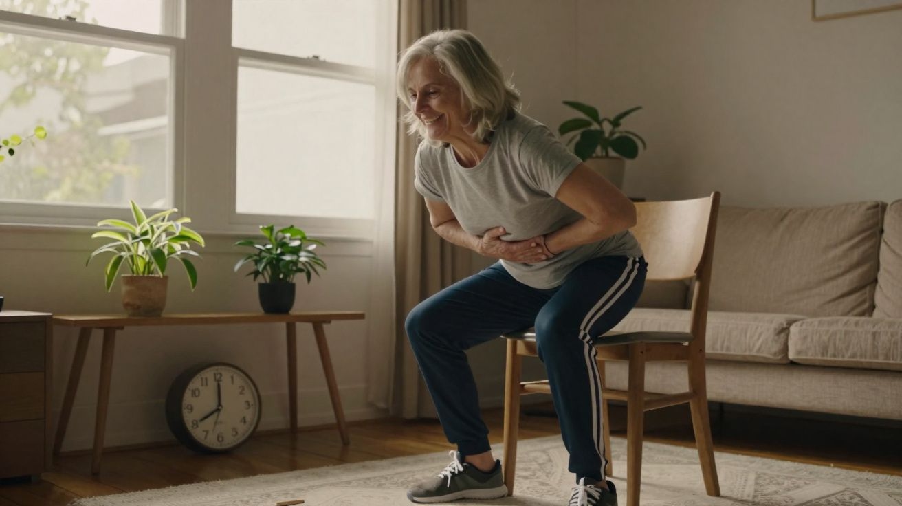 Mulher idosa se exercitando em casa, fazendo agachamento com cadeira em sala iluminada.