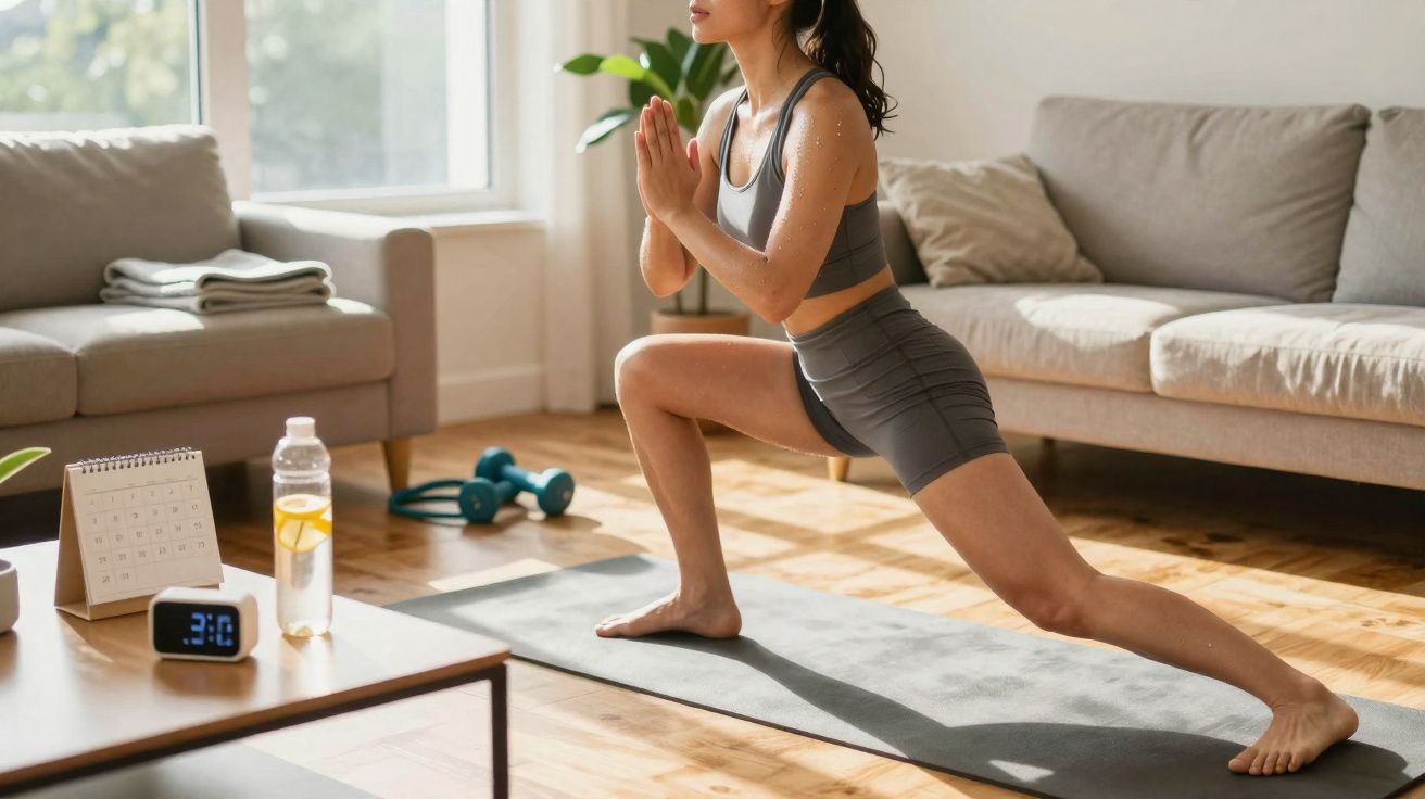 Mulher praticando alongamento em tapete de yoga na sala de estar iluminada pelo sol.