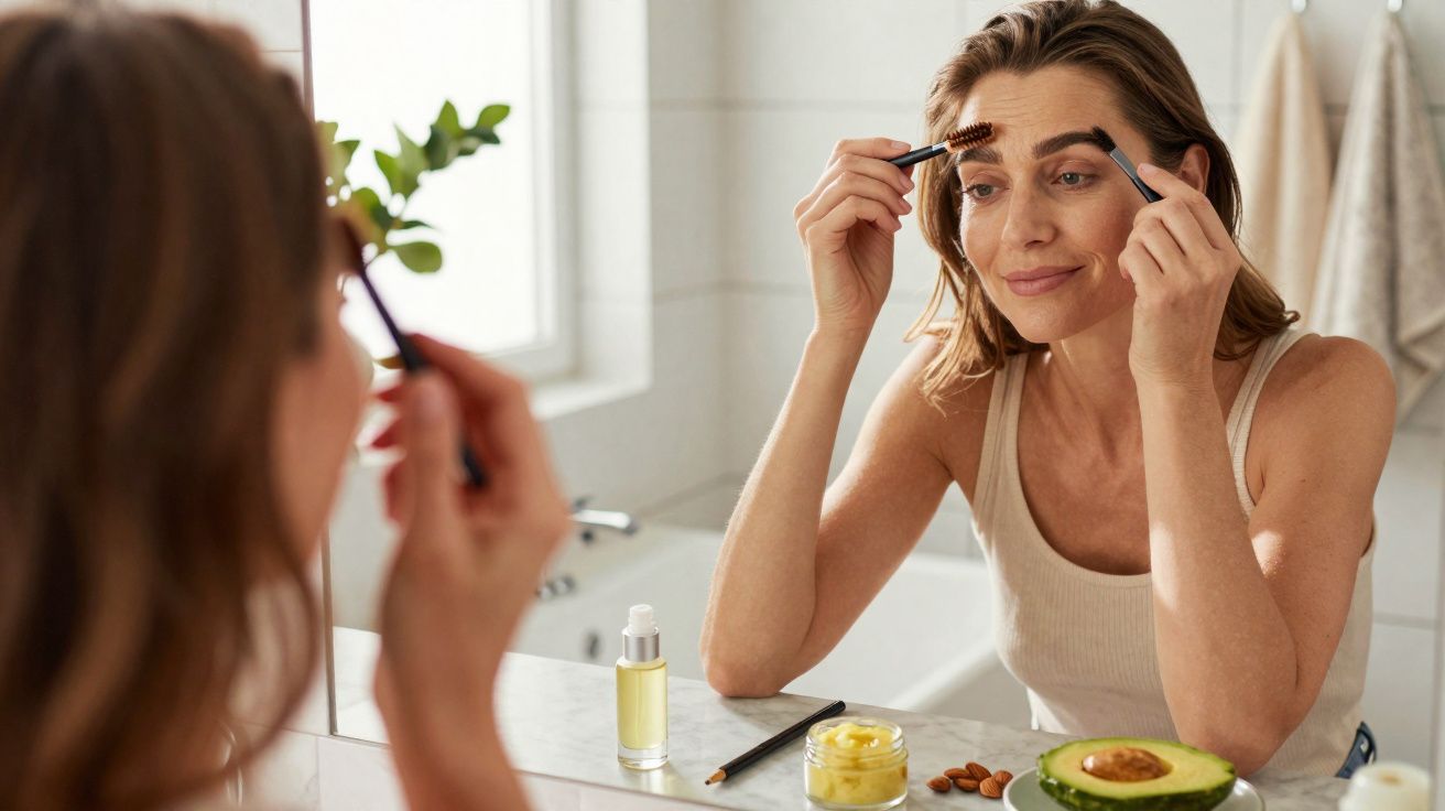 Mulher no banheiro aplicando maquiagem nas sobrancelhas em frente ao espelho.