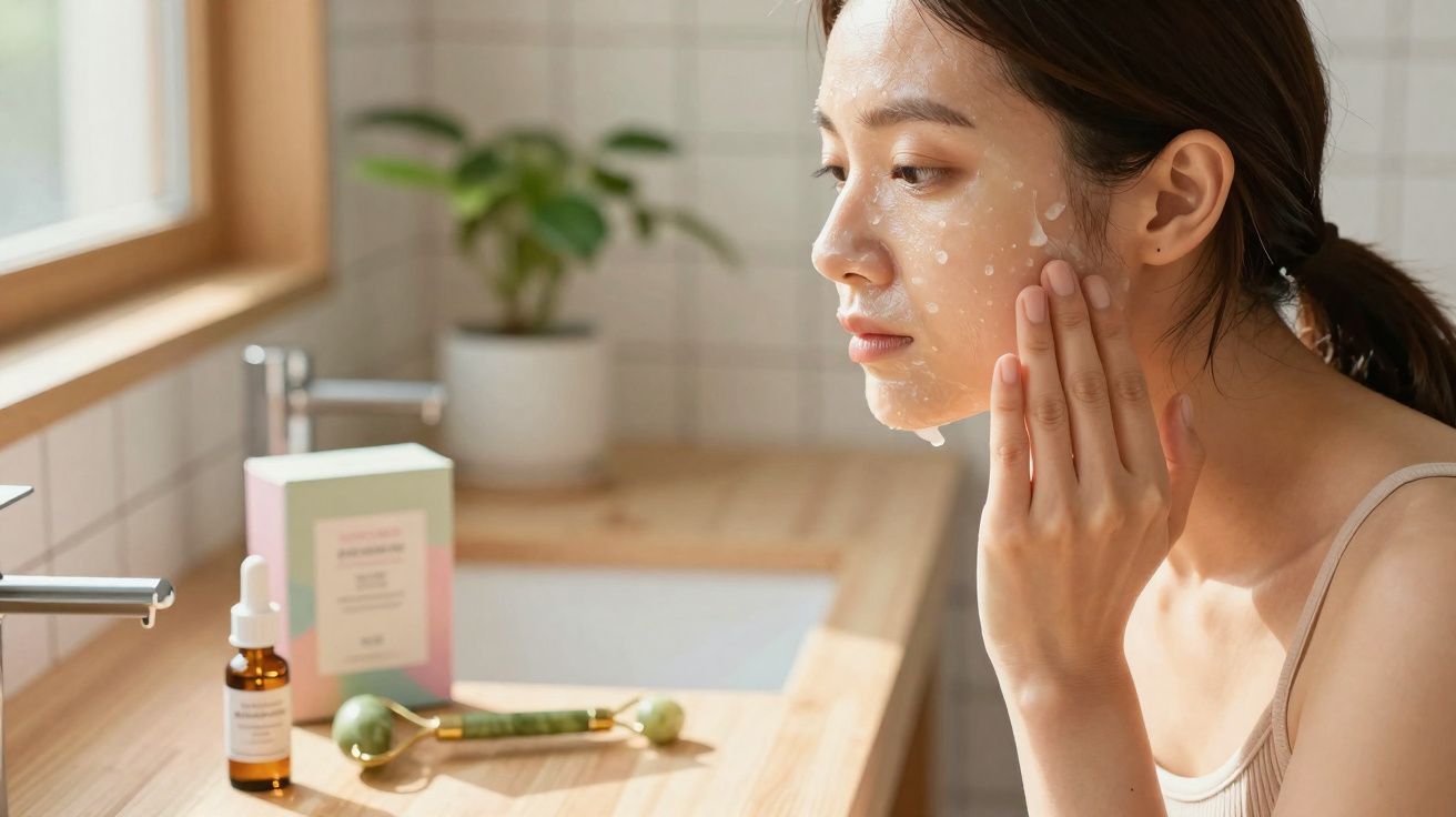Mulher aplicando creme no rosto em banheiro com produtos de skincare sobre a bancada de madeira.