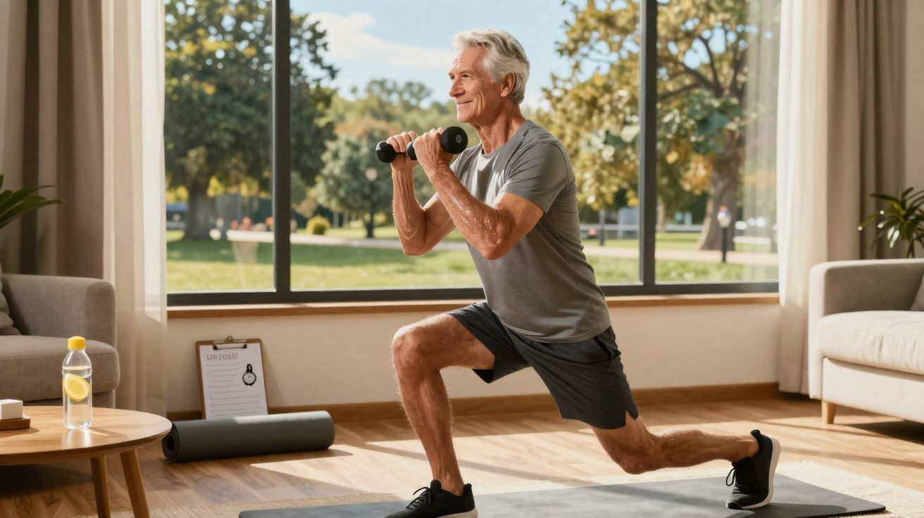 Homem idoso faz exercício de agachamento com halteres em sala iluminada e ensolarada com vista para parque.