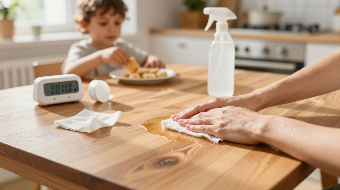 Mãos limpando mesa de madeira com pano branco enquanto criança come biscoitos ao fundo na cozinha.