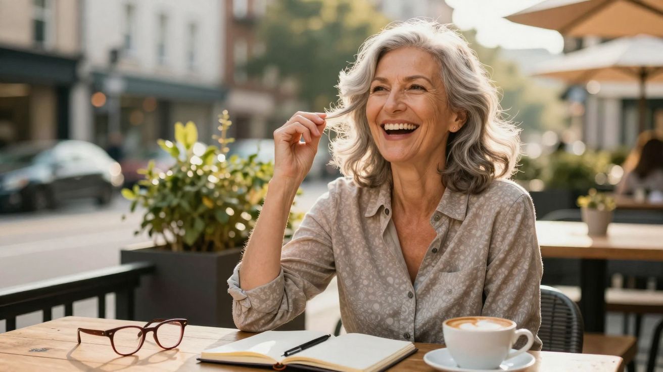 Mulher sorridente com cabelos grisalhos sentada em mesa de café ao ar livre com caderno e xícara.