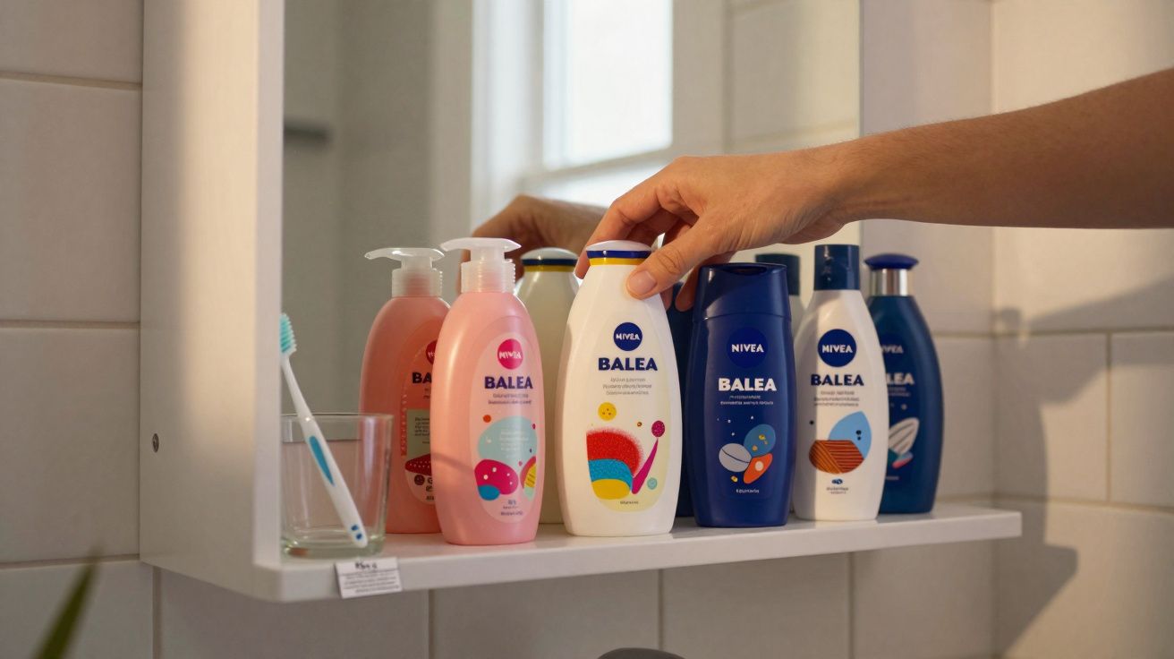 Prateleira com seis frascos coloridos de produtos Balea Nivea e uma escova de dentes em copo no banheiro.