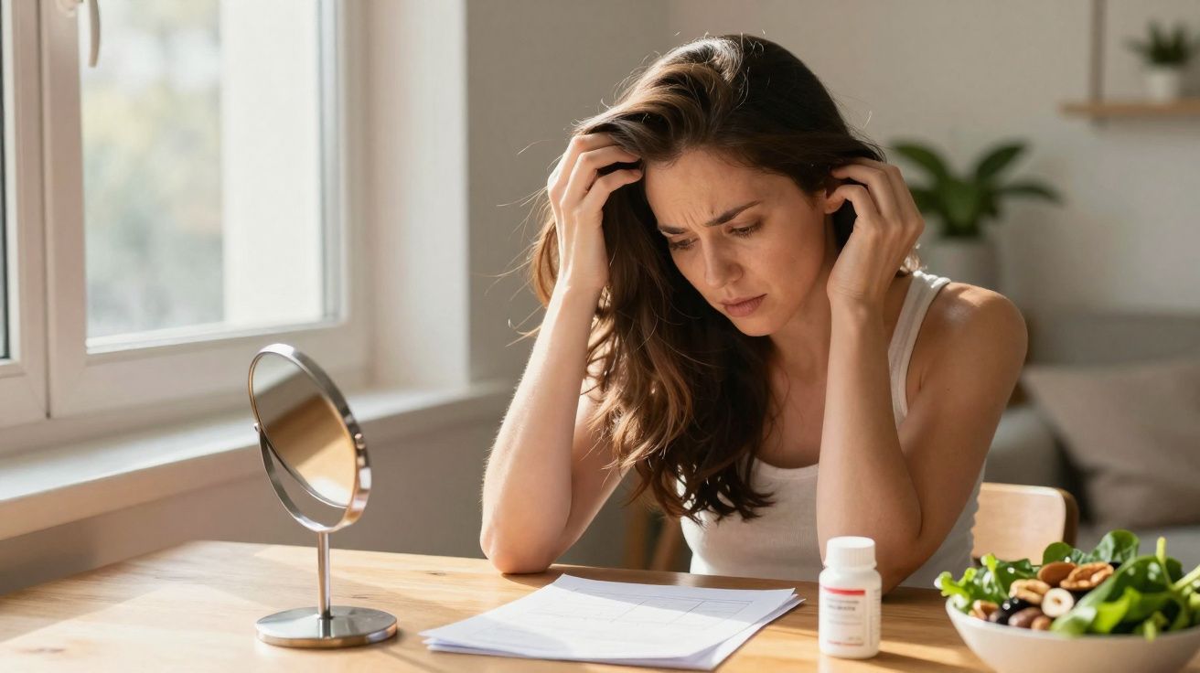 Mulher preocupada lendo documentos em mesa com espelho, remédio e salada ao lado em ambiente claro.