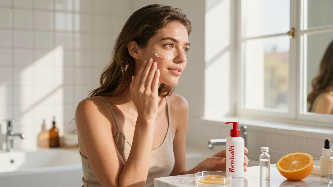 Mulher aplicando creme facial Revitalift em ambiente claro, com laranja cortada sobre bancada.