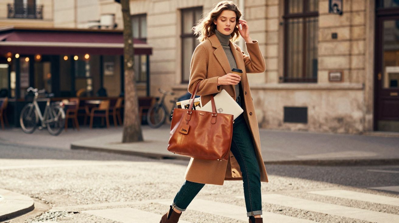 Mulher jovem atravessa rua segurando café, bolsa marrom e notebook, vestindo casaco bege e calça jeans.