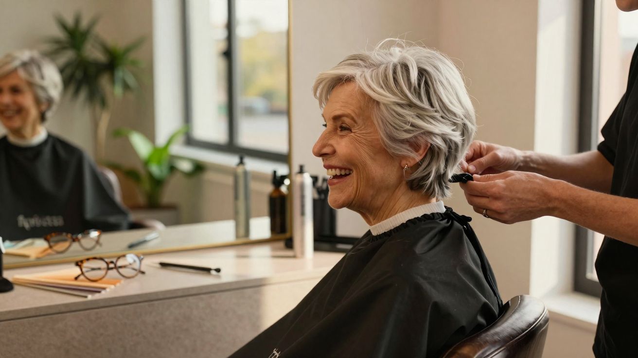 Mulher idosa sorrindo em cadeira de salão de beleza enquanto cabeleireiro prende seu cabelo branco.
