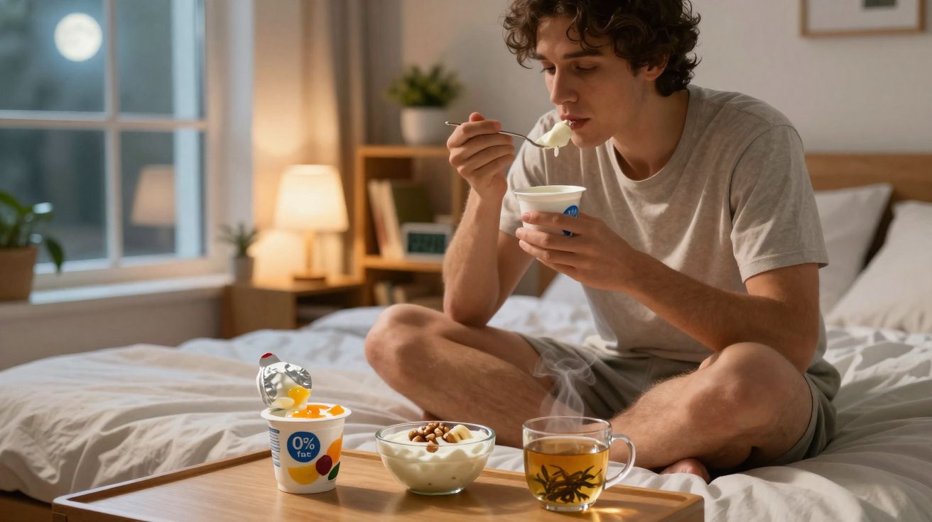 Homem sentado na cama comendo iogurte à noite, com xícara de chá e pote de iogurte à frente.