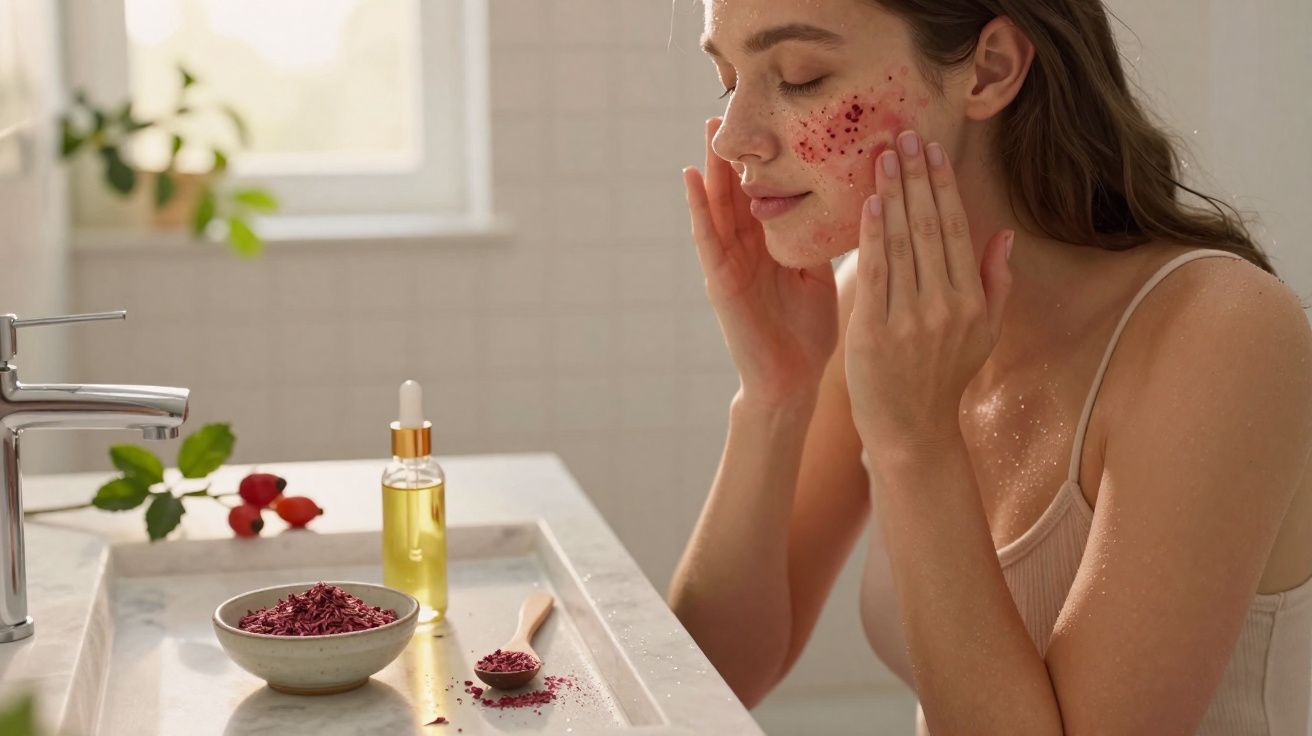 Mulher aplicando esfoliante facial vermelho em pele no banheiro com frasco de óleo e tigela ao lado.