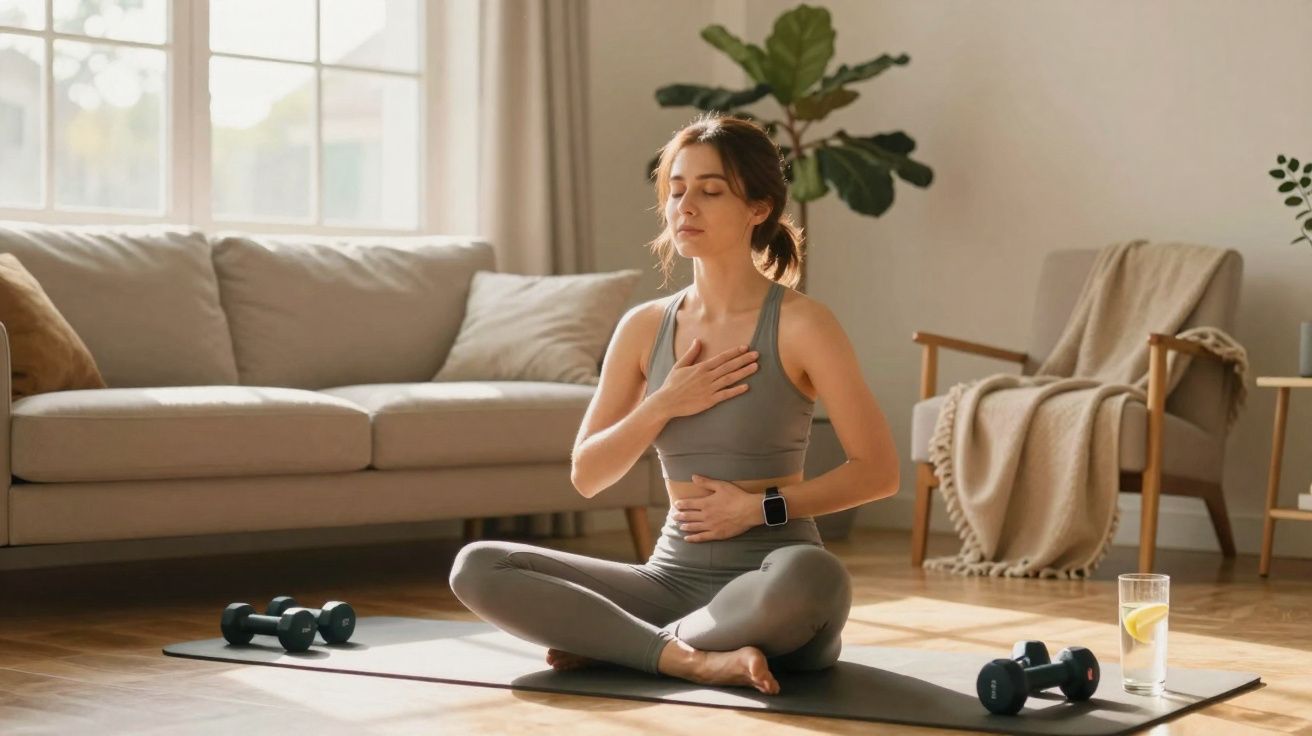Mulher meditando sentada em tapete de yoga em sala com pesos e copo de água com limão.