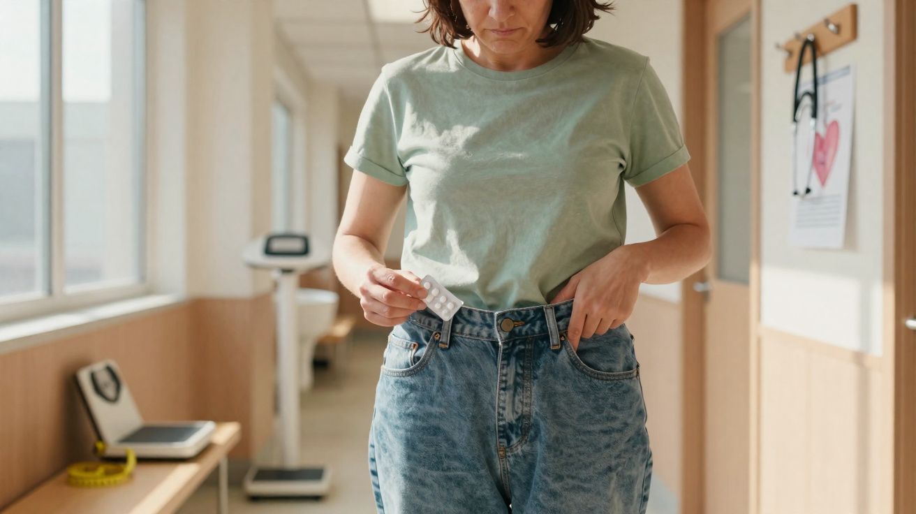 Pessoa vestindo camiseta verde e jeans segurando comprimidos em corredor de clínica ou hospital.