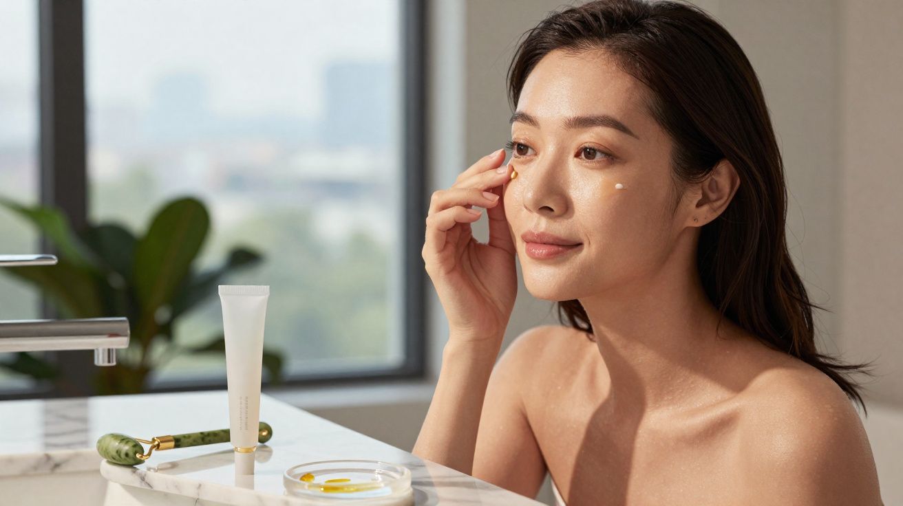 Mulher aplicando creme facial em pele clara próxima à pia com acessórios de skincare sobre a bancada.