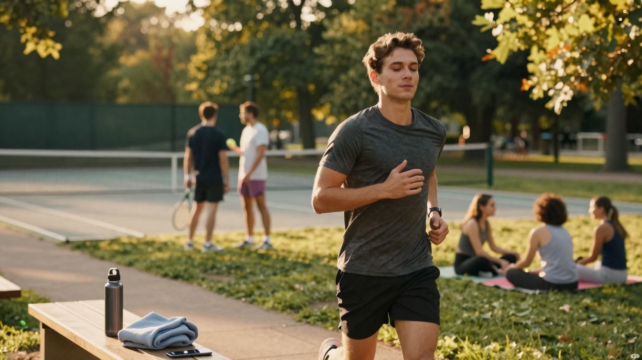 Homem correndo em parque com grupo ao fundo jogando tênis e pessoas sentadas no gramado.