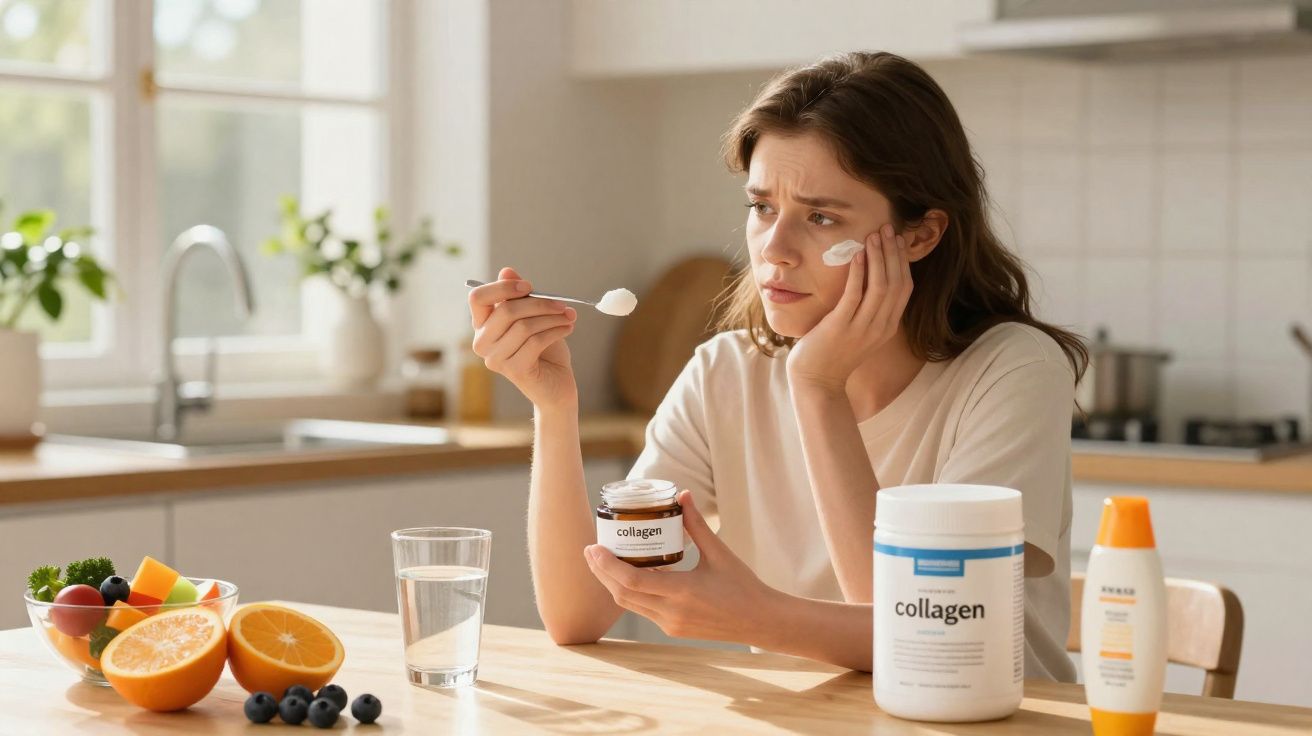 Mulher com expressão preocupada aplicando creme facial de colágeno em cozinha iluminada.