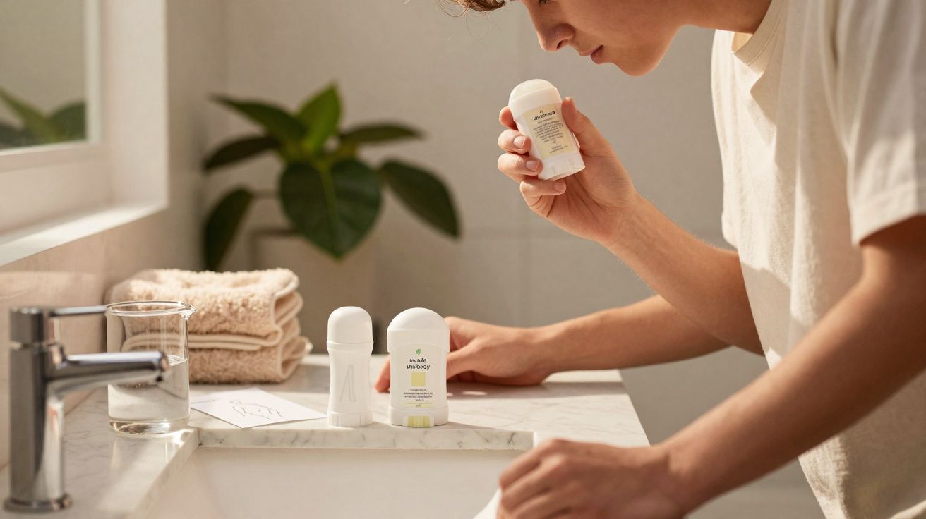 Pessoa segurando desodorante em banhheiro com toalhas e planta ao fundo.