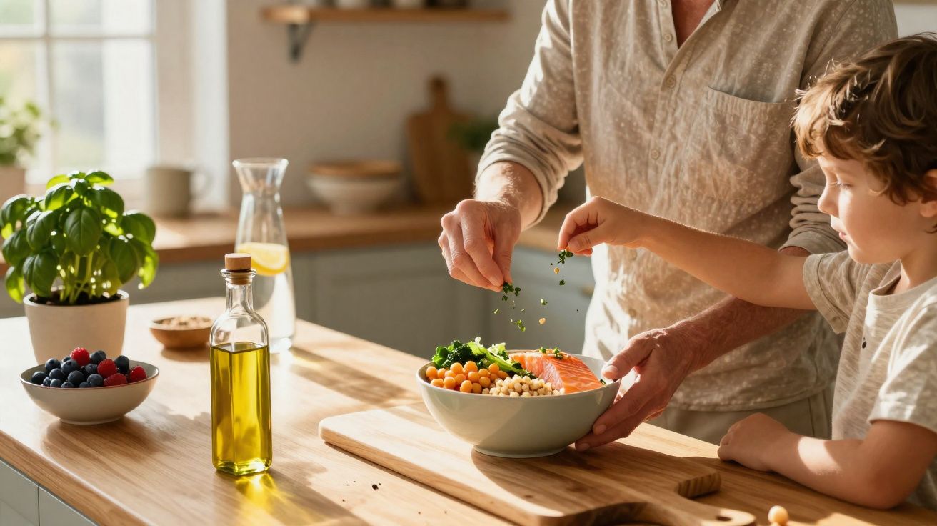Adulto e criança preparando salada com tomates, grão-de-bico, salmão e ervas frescas na cozinha iluminada.