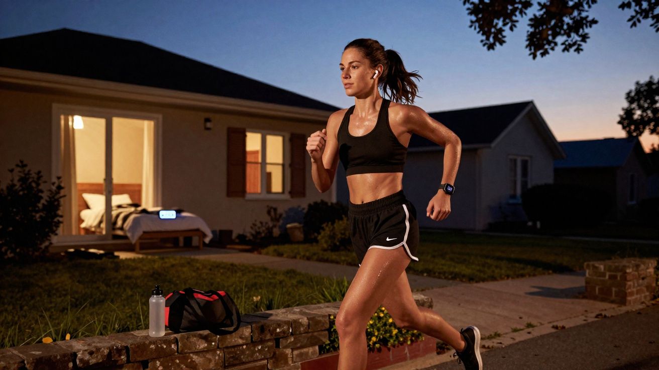 Mulher correndo ao ar livre ao entardecer, usando roupas esportivas pretas e fones de ouvido.