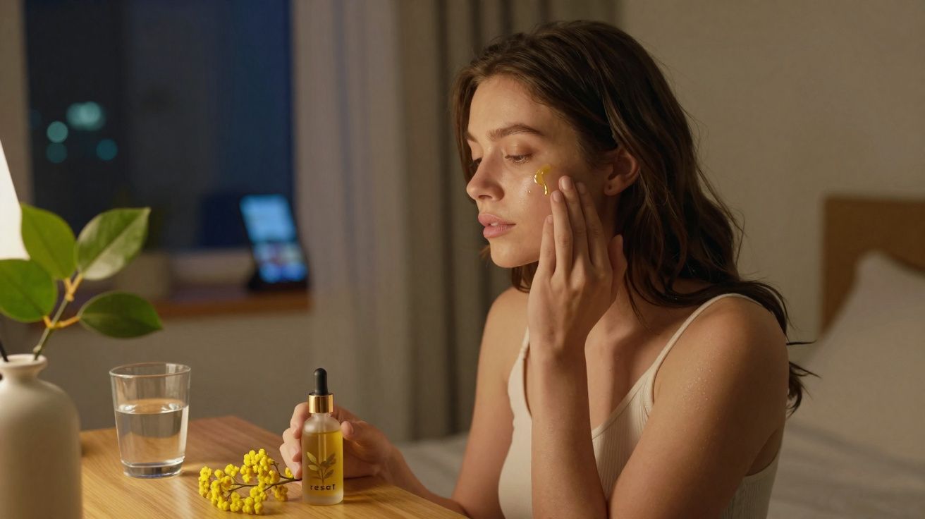 Mulher aplicando sérum facial amarelo no rosto em ambiente interno com mesa e vaso ao fundo.
